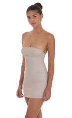 Glitter Strapless Bodycon Dress in Taupe
