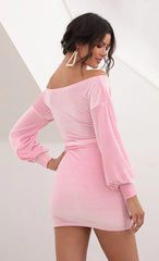 Off Shoulder Dress in Velvet Baby Pink