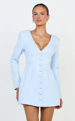 Lavender Mini Dress - Wide Neck Button Down Blazer Dress in Baby Blue