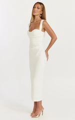 Kenna Midi Dress - Gathered Bust Tucked Waist Dress in Off White