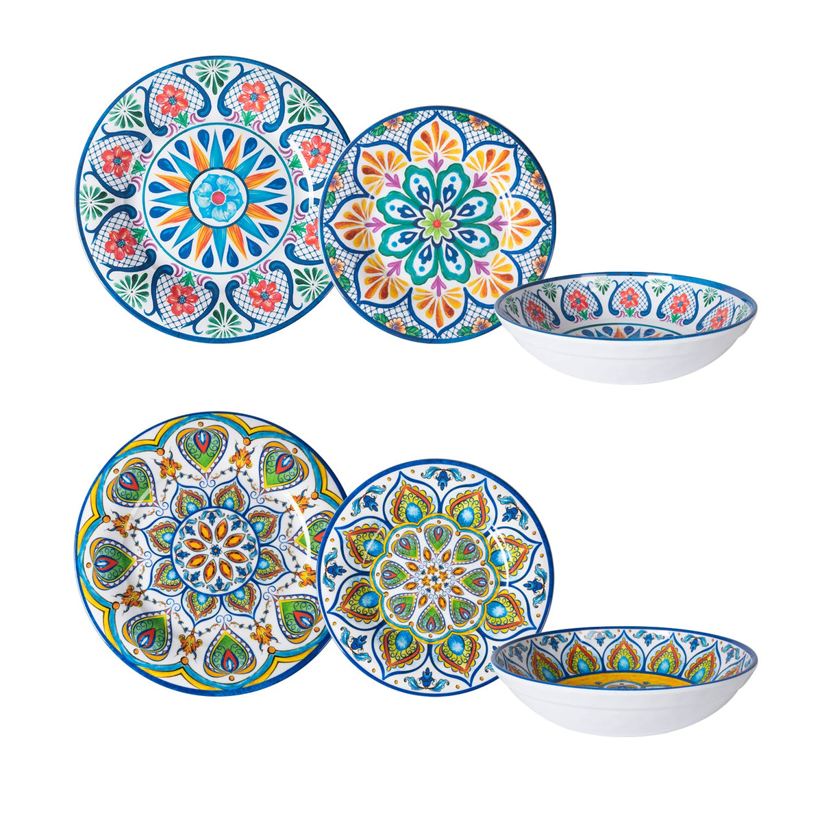 GUSTO CASA - Servizio di piatti in melamina con Decorazioni Maioliche Multicolor 12 pezzi