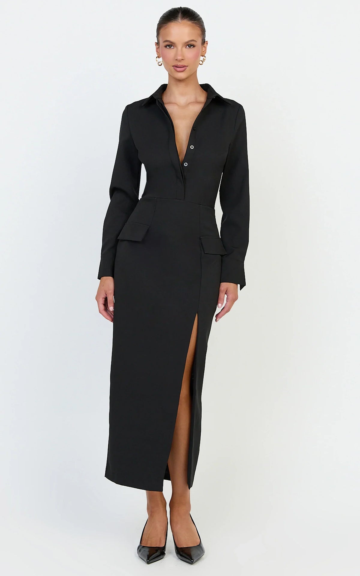 Henley Midi Dress - Long Sleeve Fitted Shirt Dress in Black