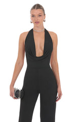 Halter Plunge Neck Jumpsuit in Black