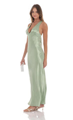 Satin V-Neck Maxi Dress in Sage