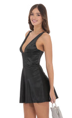 Satin V-Neck Corset Dress in Black
