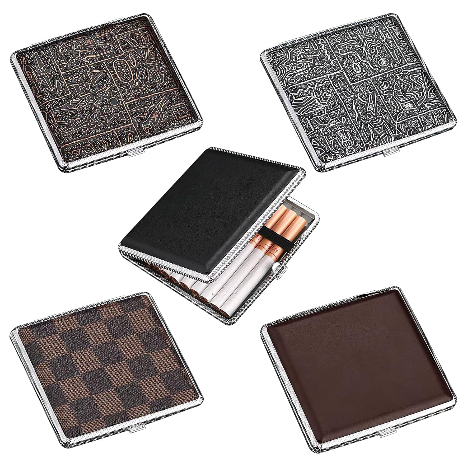 5 Pack Cigarette Case King Size 80mm, Stylish Leather Surface Cigarette Box for Women and Men, Portable Leather Cigarettes Holder with Solid Magnetic Switch Flip Top Closure, 20 Capacity