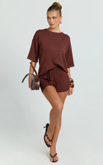 Valencia Two Piece Top And Shorts Set - Knit Tee And Shorts Set in Chocolate