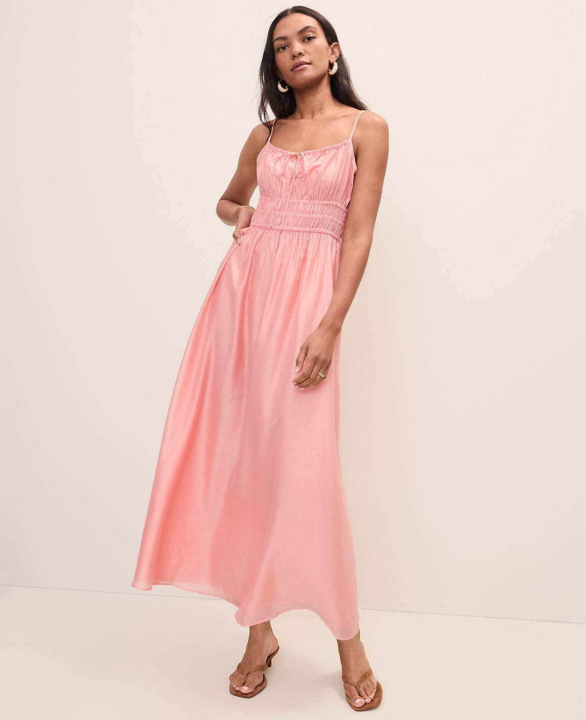 Ann Taylor Petite Weekend Gathered Maxi Dress Size Medium Light Coral Spice Women's
