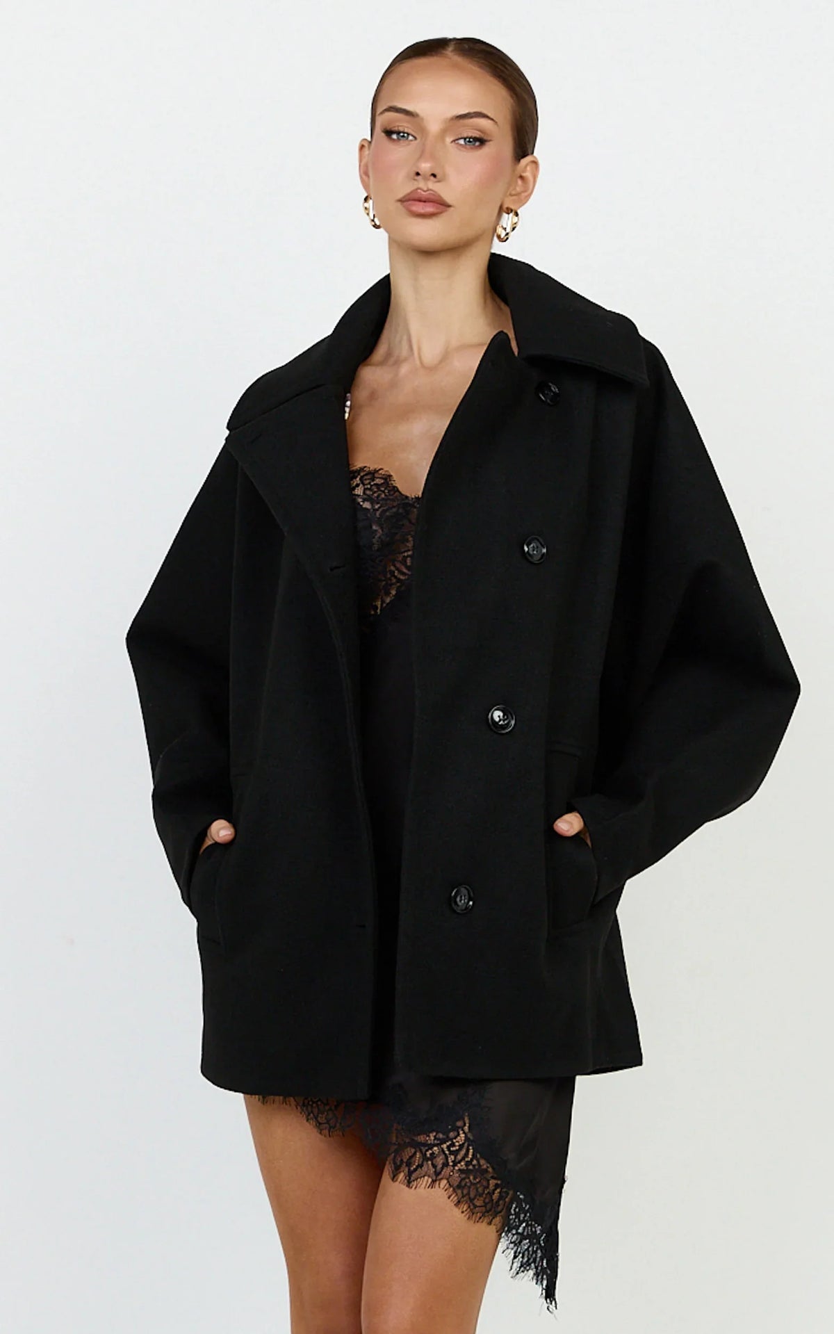 Rina Coat - Oversized Three Button Front Closure Coat in Black