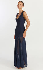 Frances Maxi Dress - Contrast U Neck Godet A Line Dress in Navy