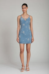 Pearl embellished sleeveless denim mini dress in cotton blend with V-neck and adjustable straps by Avec Les Filles