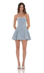 Lace Trim Corset Denim Dress in Light Blue