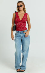 Antonia Top - V Neck Lace Detail Top in Dark Red