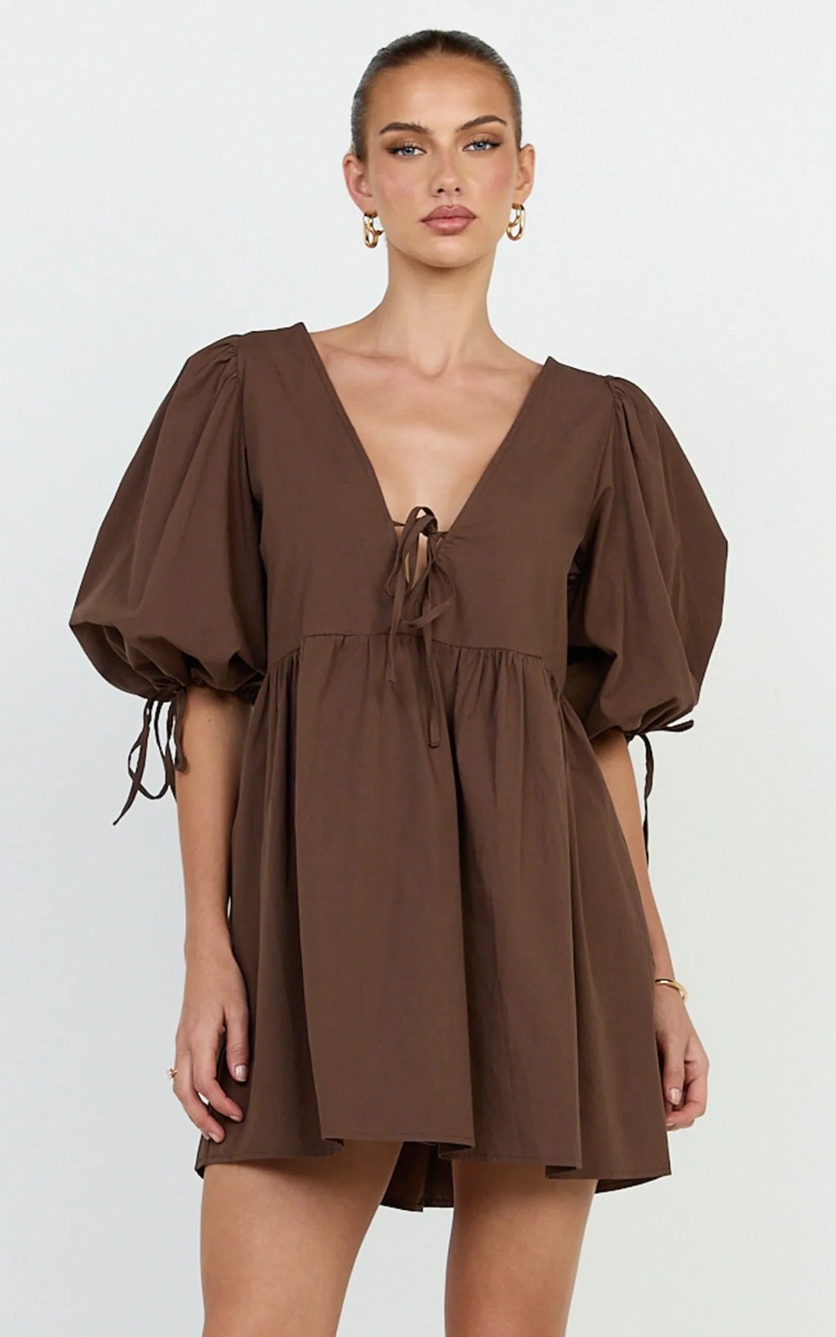 Rosita Mini Dress - Tie Front Puff Sleeve Dress in Chocolate
