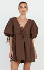 Rosita Mini Dress - Tie Front Puff Sleeve Dress in Chocolate