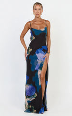Solara Maxi Dress - Cowl Neck Backless Dress in Midnight Resort Orchid Print