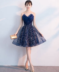 Dark Blue V Neck Tulle Sequin Short Prom Dress, Blue Homecoming Dress