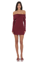 Ribbed Twist Off Shoulder Dress in Plum