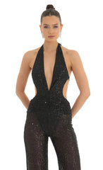 Sequin Plunge Halter Jumpsuit in Black