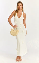 Elodie Maxi Dress - Halter 3D Floral Knit Dress in Cream