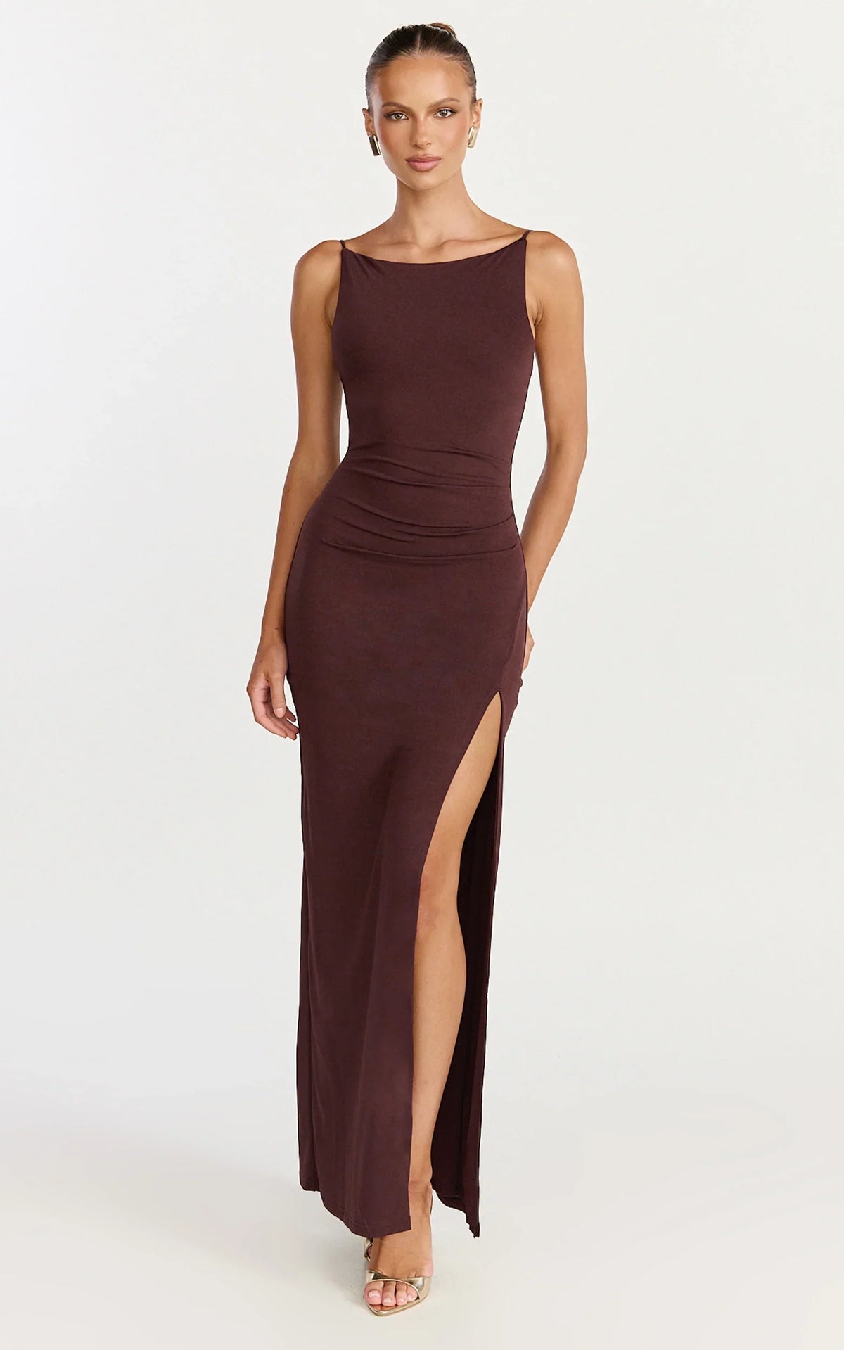 Audette Maxi Dress - Boat Neck Ruched Fitted Dress in Chocolate