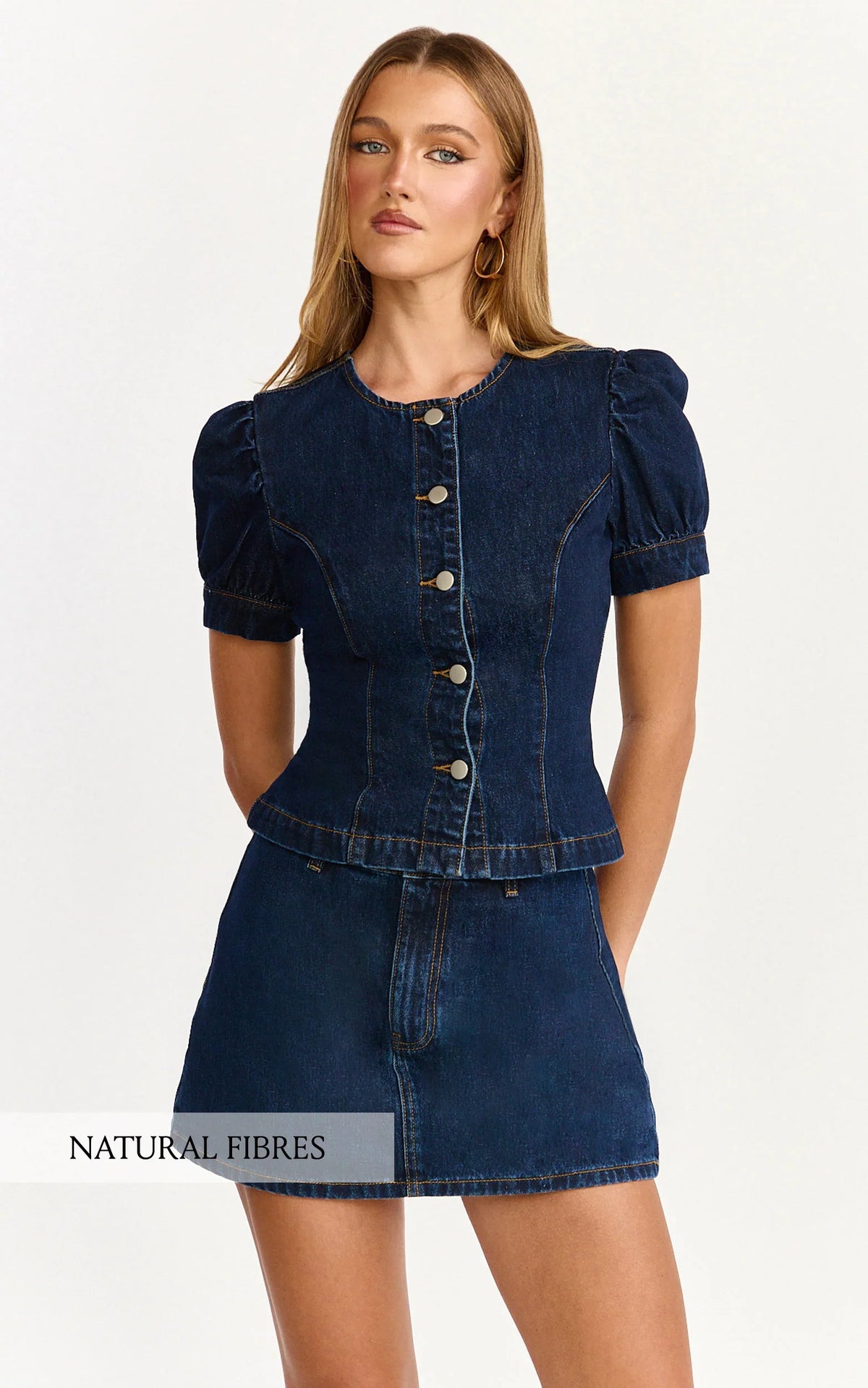 Sophie Top - Puff Sleeve Button Down Denim Top in Indigo