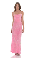 Cowl Neck Velvet Sequin Maxi Dress in Pink