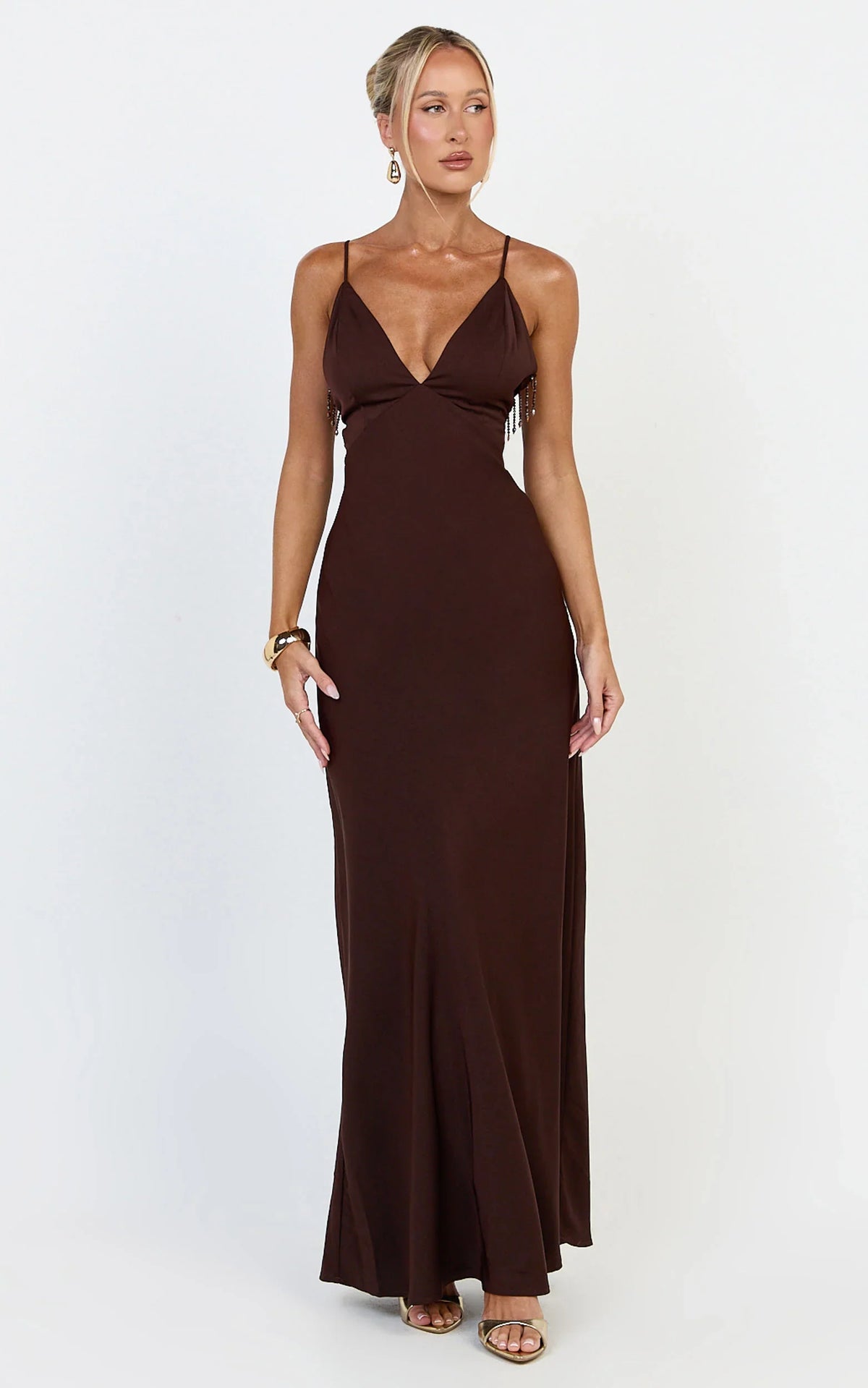 Azura Maxi Dress - Backless Beaded Trim Dress in Chocolate