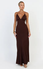 Azura Maxi Dress - Backless Beaded Trim Dress in Chocolate