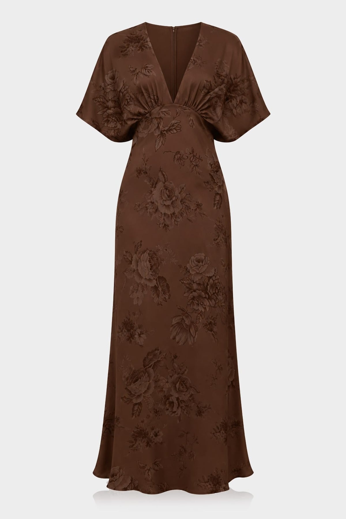 Shasi Chocolate V-Neck Floral Satin Bridesmaid Dress with Flutter Sleeves- Rustic Wedding dress