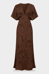 Shasi Chocolate V-Neck Floral Satin Bridesmaid Dress with Flutter Sleeves- Rustic Wedding dress