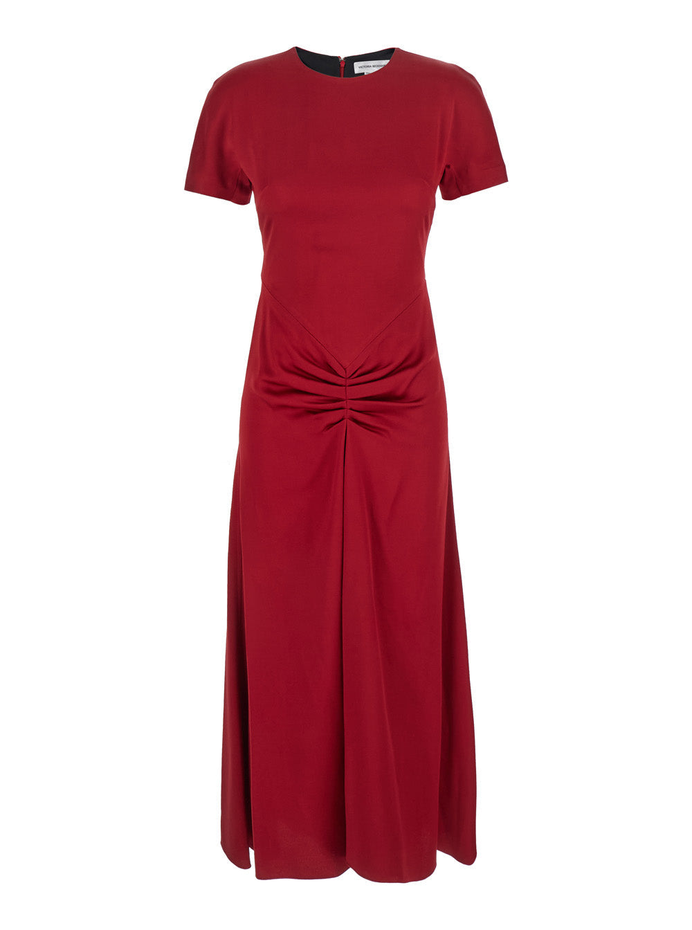 Red Midi Dress With Gathered Waist