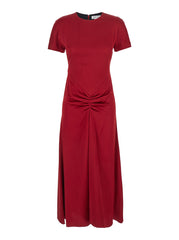 Red Midi Dress With Gathered Waist