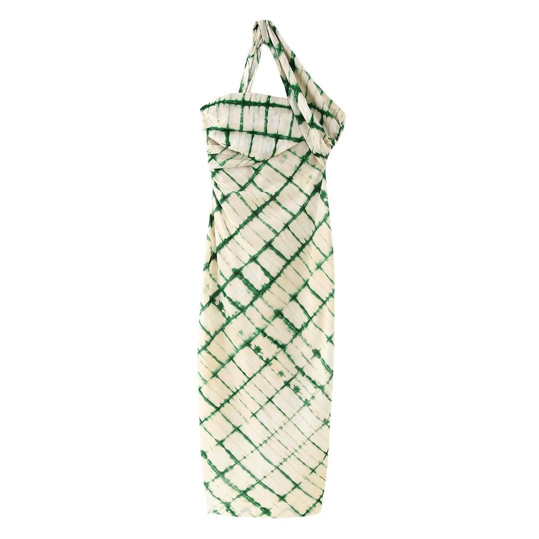 Grid Print One-Shoulder Slim Dress