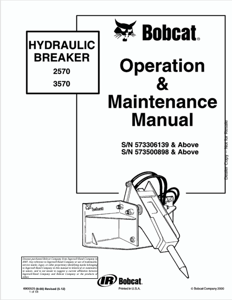 Bobcat 2570, 3570 HYDRAULIC BREAKER Operation & Maintenance Manual 6900525 - PDF