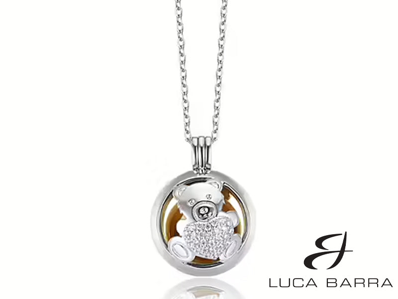 Collana Donna chiama angeli in acciaio IP gold con orsetto e cristalli bianchi
