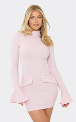 Long Sleeve High Neck Tailored Mini Bodycon Dress In Pink Woven | EGO US