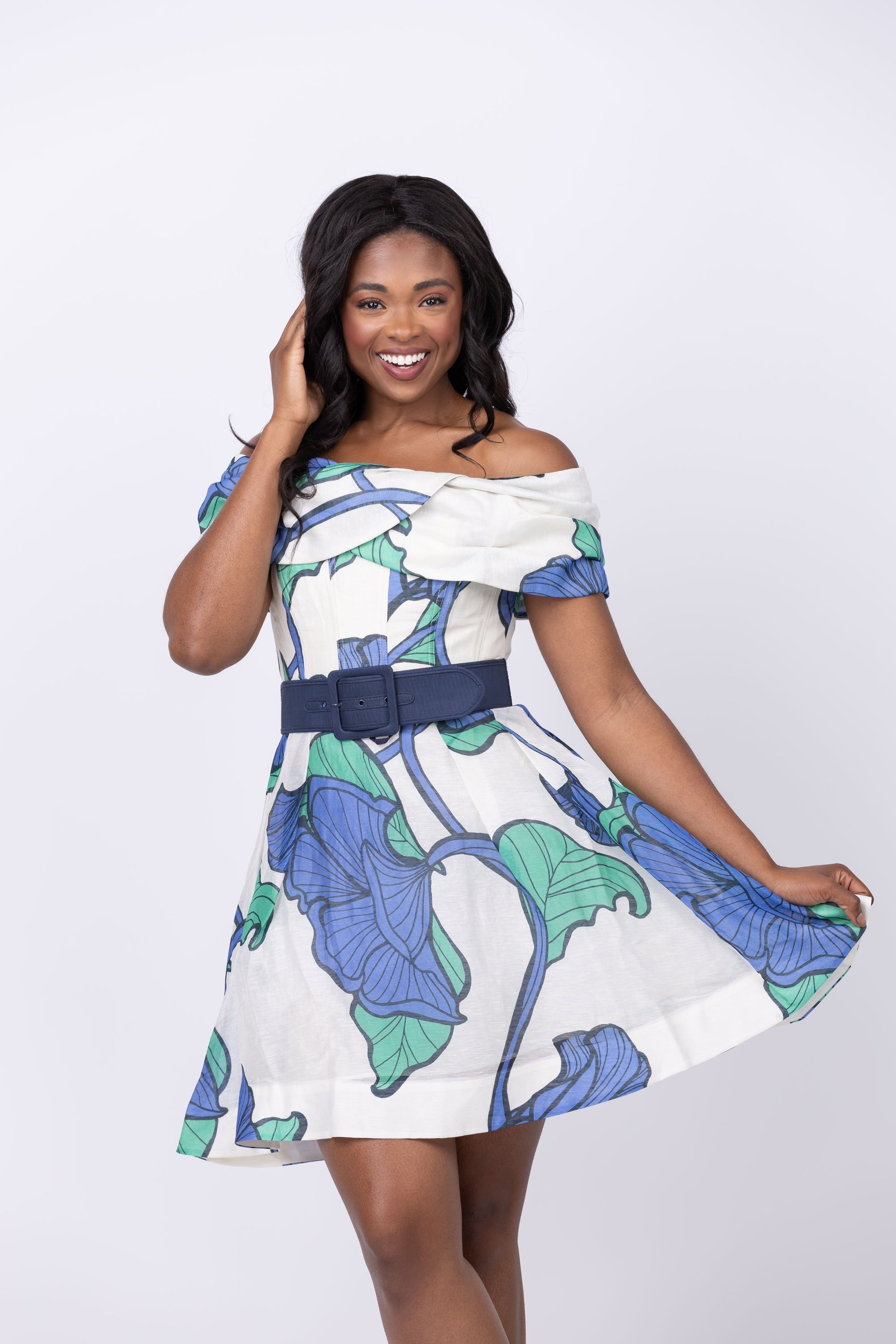 Rebecca Vallance Blue Ivy Off Shoulder Mini Dress in Print