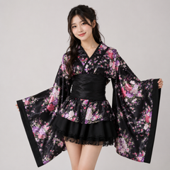 Black Red Japanese Kimono Floral Pattern Short Robe