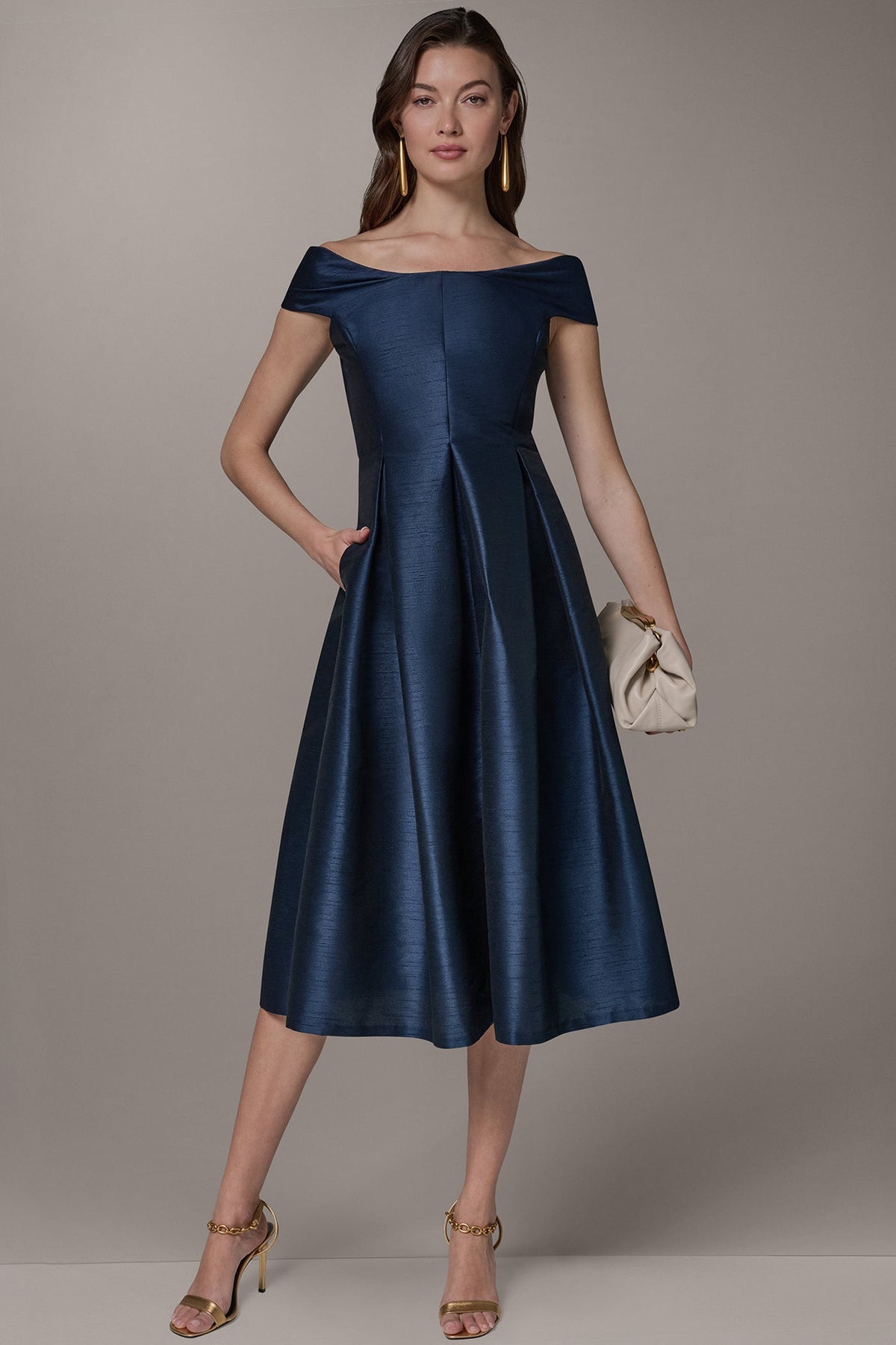 OFF THE SHOULDER MIDI FIT AND FLARE DRESS