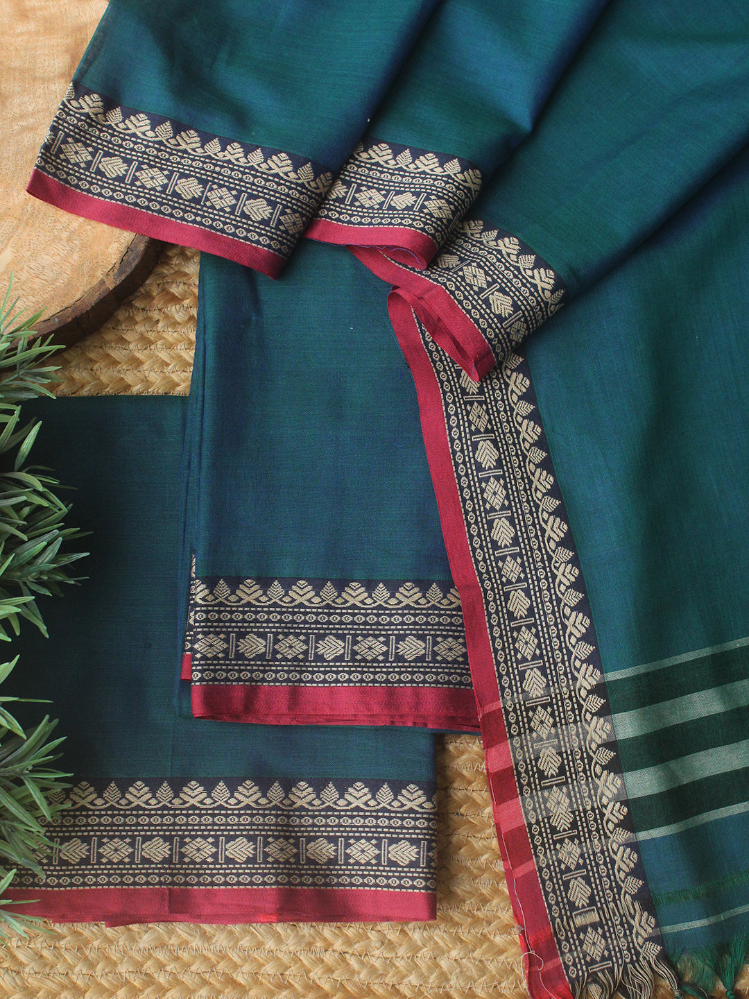 Blue and Green Dharwad Cotton Dress Material With Woven Border