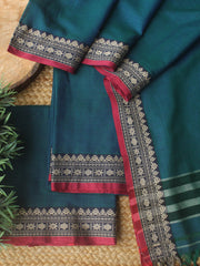 Blue and Green Dharwad Cotton Dress Material With Woven Border