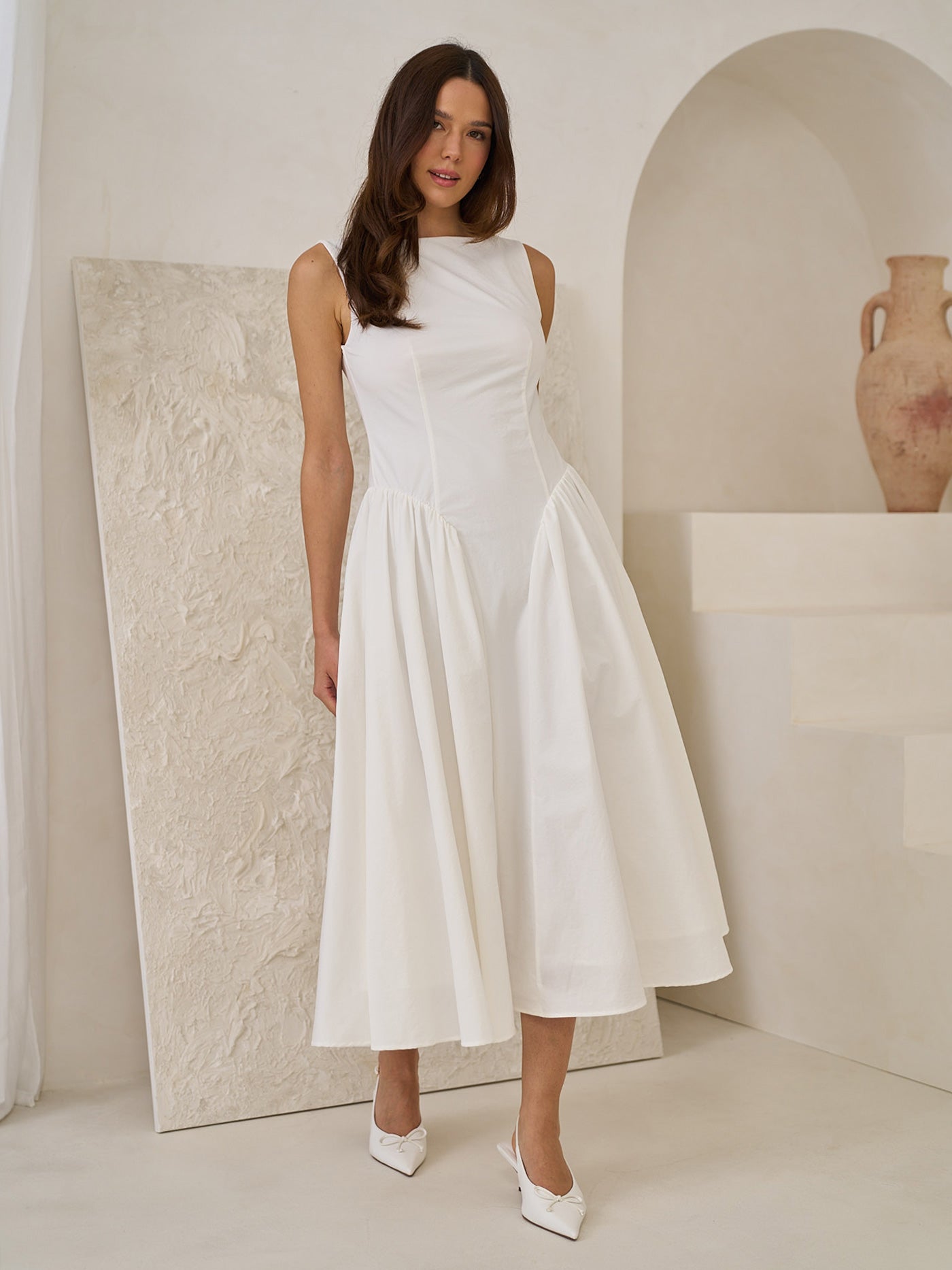 Boat Neck White Maxi Dress