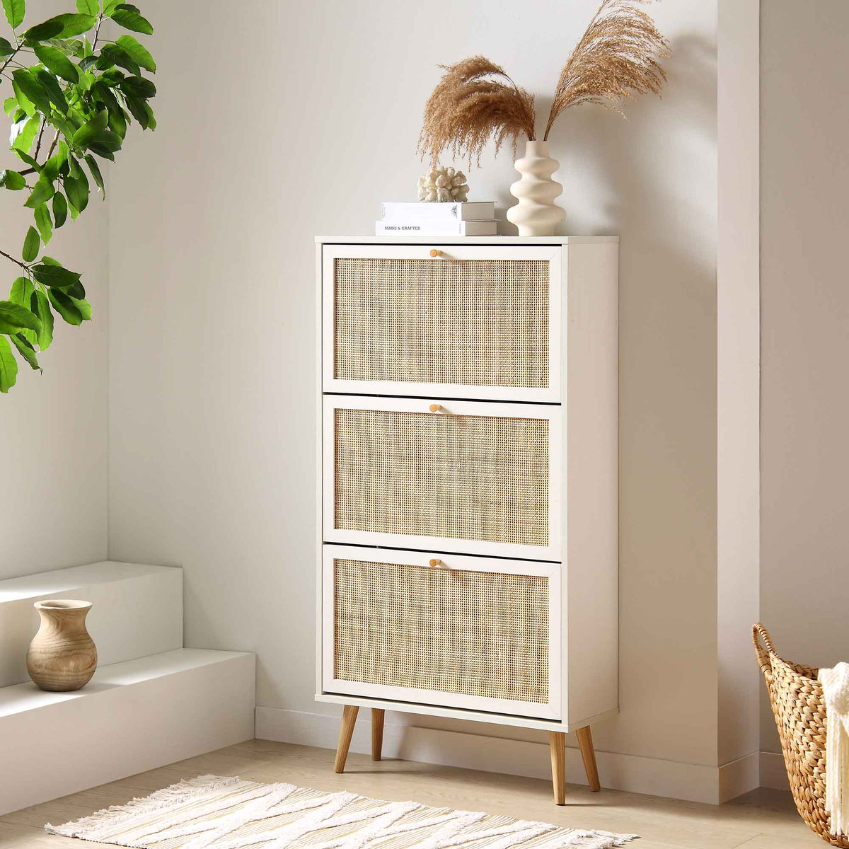 Frances Rattan 3 Tier Shoe Cabinet, White