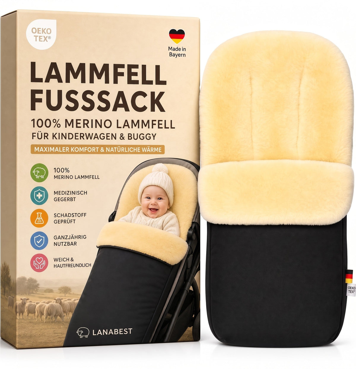Lammfell Merino Premium Fußsack | Öko-Tex | für Kinderwagen | waschbar | 90x40cm