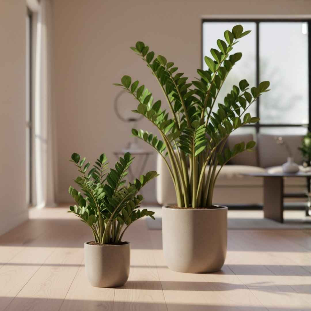 Glücksfeder (Zamioculcas zamiifolia) in zwei Größen in hellem Wohnzimmer in schlichten beigen Übertöpfen
