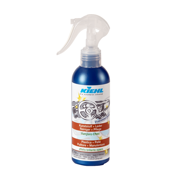 Plastic spray bottle from Johannes Kiehl KG's Kiehl Kunststoff+Leder / Reiniger+Pflege line, designed for cleaning and caring for car interiors and leather, featuring a clear spray nozzle and a blue-and-white label with a car interior graphic.