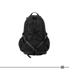Black 25L rucksack with padded straps, top handle, and front webbing storage pockets
