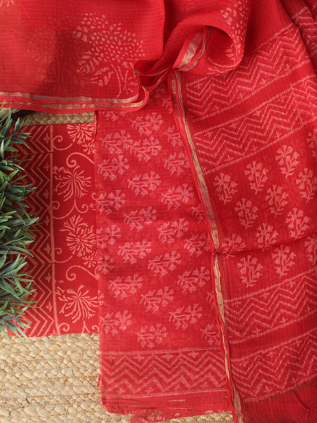 Red Bagru Hand Block Printed Kota Doria Dress Material