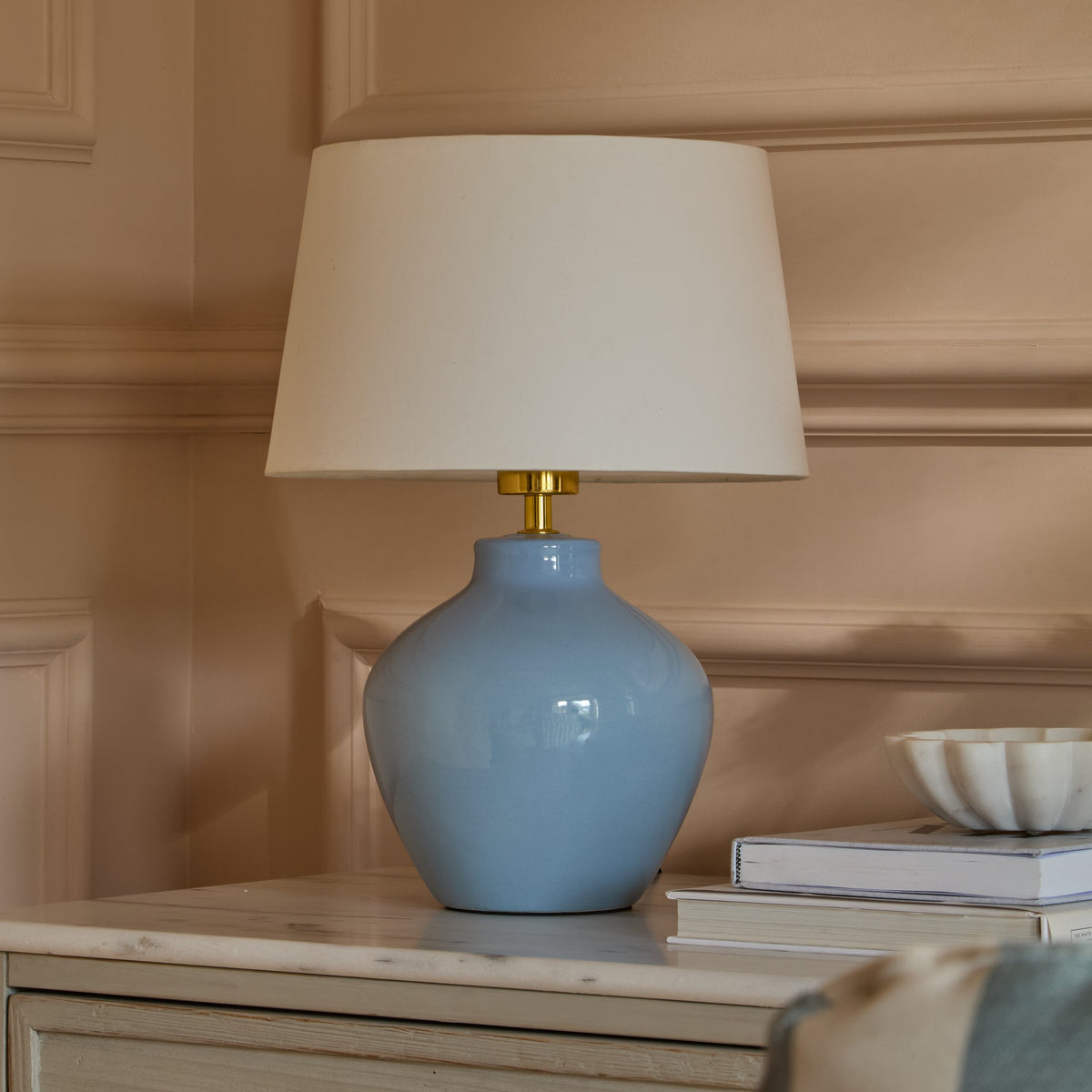 Launton 27cm Ceramic Lamp Base with Coningsby White Shade - 30cm - Laura James